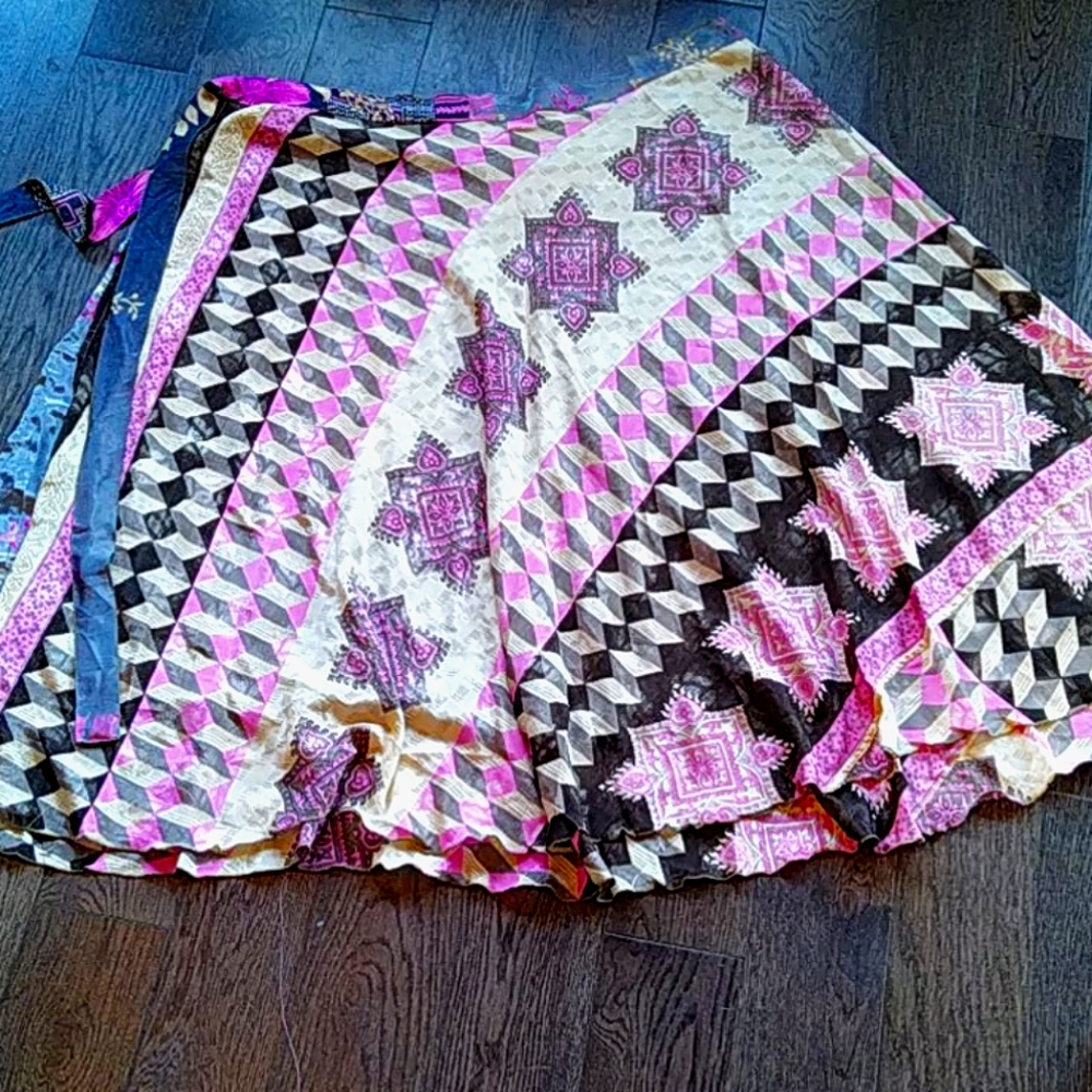 Pink and Silver Recycled Sari Wrap Skirt